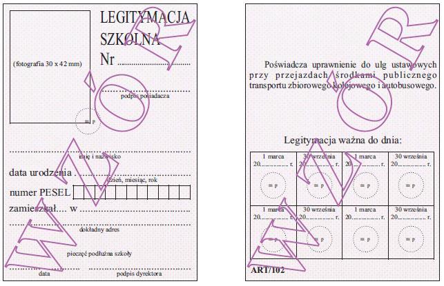 1193 Wzór nr 26 do nr 20, 29 LEGITYMACJA SZKOLNA DLA UCZNIÓW