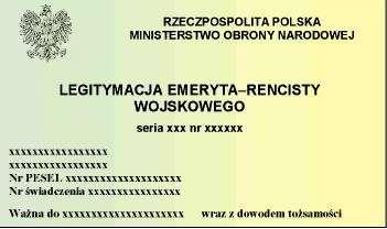 Napisy w kolorze czarnym wykonane różną czcionką: po prawej stronie wizerunku orła: RZECZPOSPOLITA POLSKA, poniżej MINISTERSTWO OBRONY NARODOWEJ, pośrodku LEGITYMACJA EMERYTA RENCISTY WOJSKOWEGO,