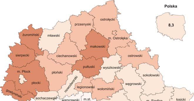 Stopa bezrobocia rejestrowanego w końcu grudnia 2016 r. wyniosła 7,2% i była niższa niż w kraju (średnia 8,3%). W skali roku obniżyła się o 1,1 p. proc.