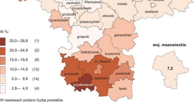 Do powiatów o najwyższej stopie bezrobocia nadal należały szydłowiecki (28,8% wobec 30,8% w grudniu 2015 r.