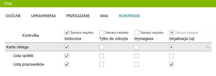 Na definicji etapu ustawiono, że inicjowanie przez SQL zostanie włączone tylko dla kontrolki Lista pracowników.