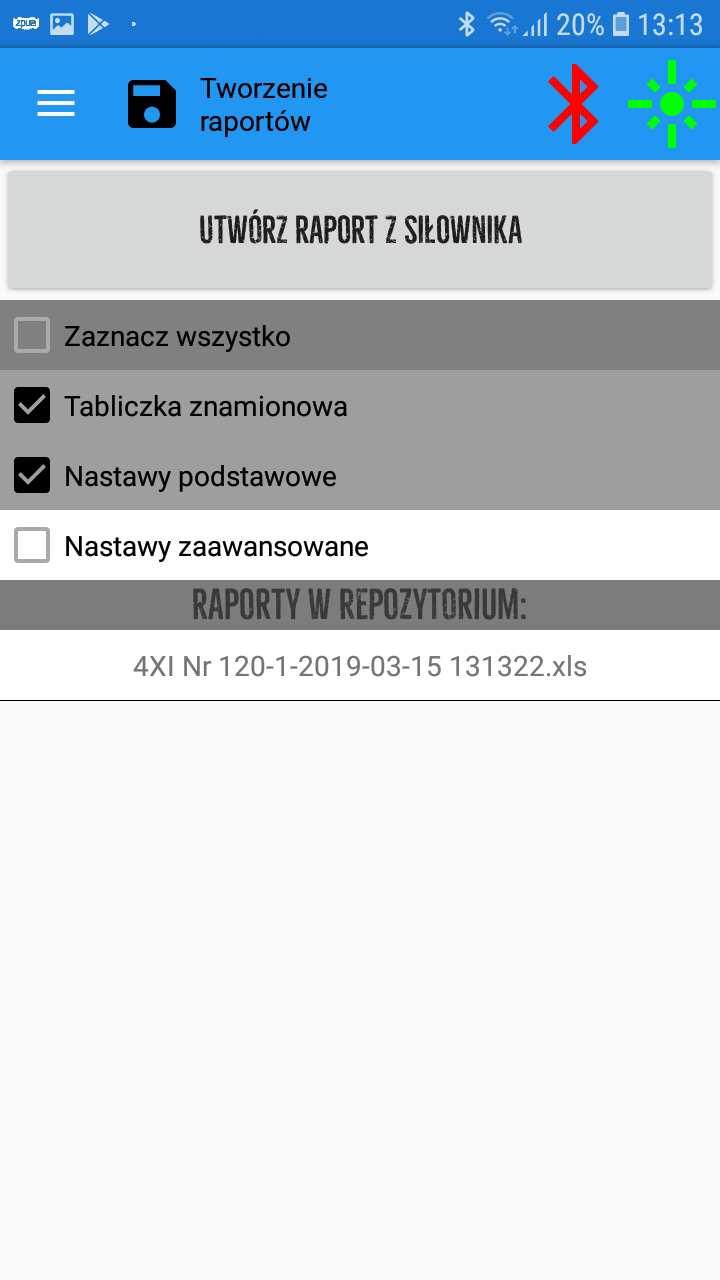 9.8. Tworzenie raportów Rys. AA Rys. BB Funkcjonalność Tworzenie raportów pozwala na utworzenie plików w formacie.xls zawierających dane tabliczki znamionowej, nastaw podstawowych i zaawansowanych.