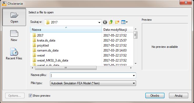 Podstawy obsługi programu Autodesk Simulation Multiphysics 2013 Po uruchomieniu programu mamy możliwość otwarcia uprzednio utworzonego w programie pliku,