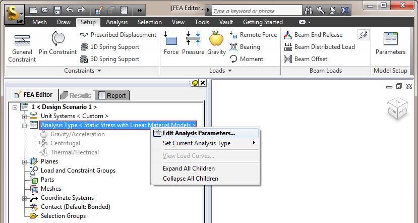 Static Stress with Linear Material Models (Analiza Liniowa) Parametry analizy Po ustawieniu odpowiedniego układu jednostek (Custom: kn, m ), należy wybrać typ analizy liniowej Static Stress with