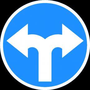 32.W którym kierunku może jechać rowerzysta, jeżeli na drodze znajduje się ten znak: a) w prawo lub w lewo,