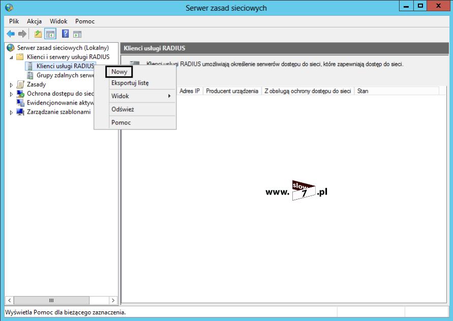 18 (Pobrane z slow7.pl) W oknie Nowy klient usługi RADIUS (ang. New RADIUS Client) uzupełniamy pola: 1 - Przyjazna nazwa (ang. Friendly name) - jest to nazwa urządzenia np.