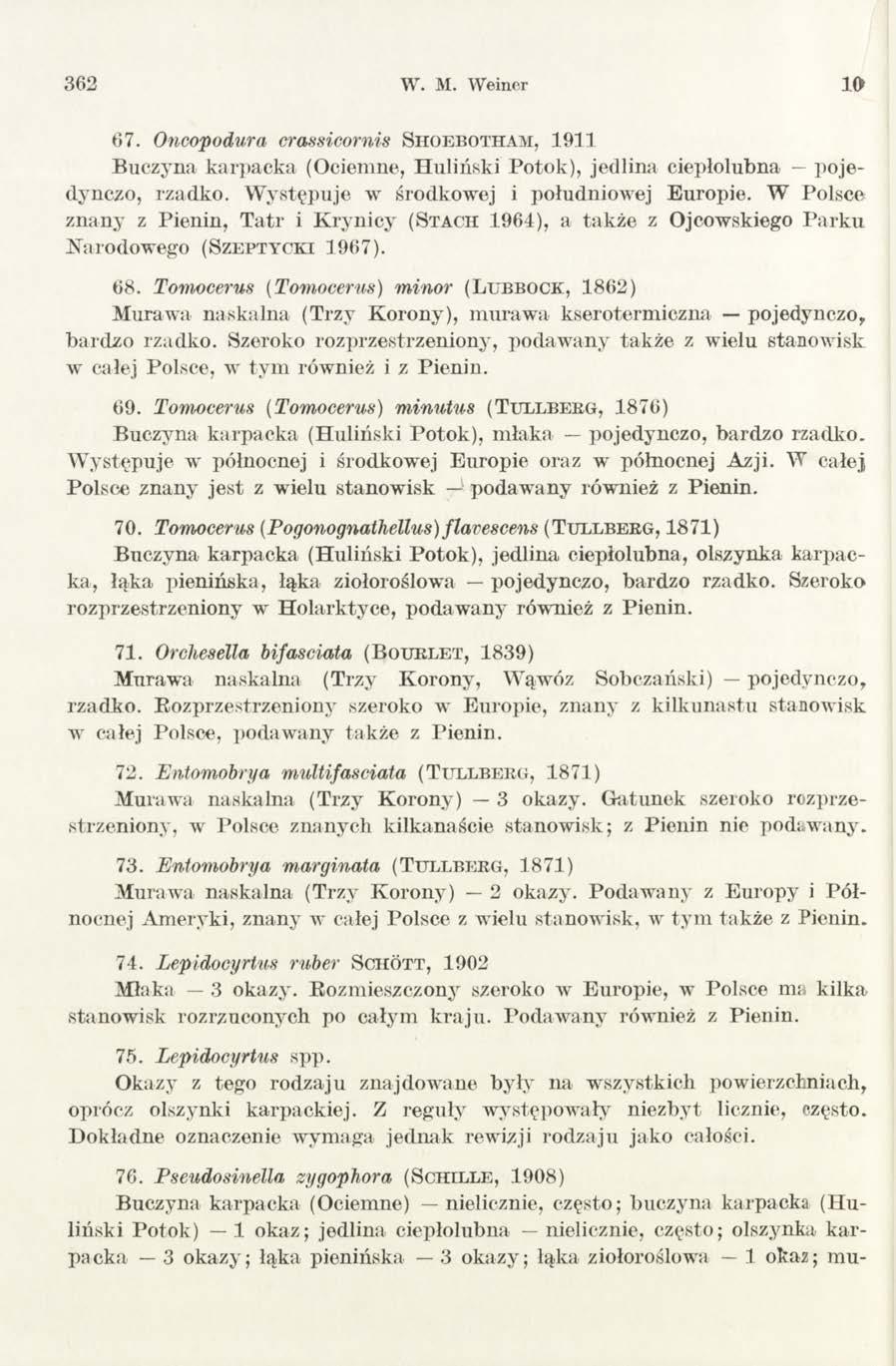 362 W. M. Weiner 10 6 7. Oncopodura crassicornis S h o e b o t h a m, 1911 Buczyna karpacka (Ociemne, Huliński Potok), jedlina ciepłolubna pojedynczo, rzadko.
