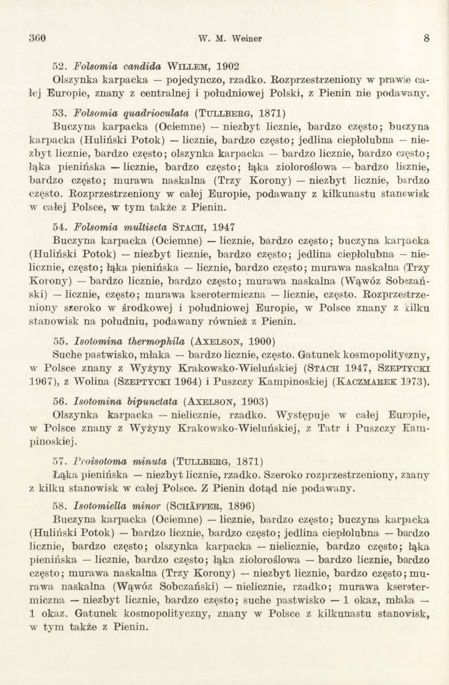 360 W. M. W einer 8 52. Fólsomia Candida Willem, 1902 Olszynka karpacka pojedynczo, rzadko. Rozprzestrzeniony w prawie całej Europie, znany z centralnej i południowej Polski, z Pienin nie podawany.