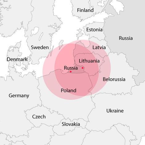 Oficjalny zasięg rażenia wyrzutni Iskander-M z pociskami balistycznymi, po ich rozmieszczeniu w Obwodzie Kaliningradzkim fot. Wikipedia/Arz1969/CC BY SA 3.0. Iskander K czy po prostu Kalibr?