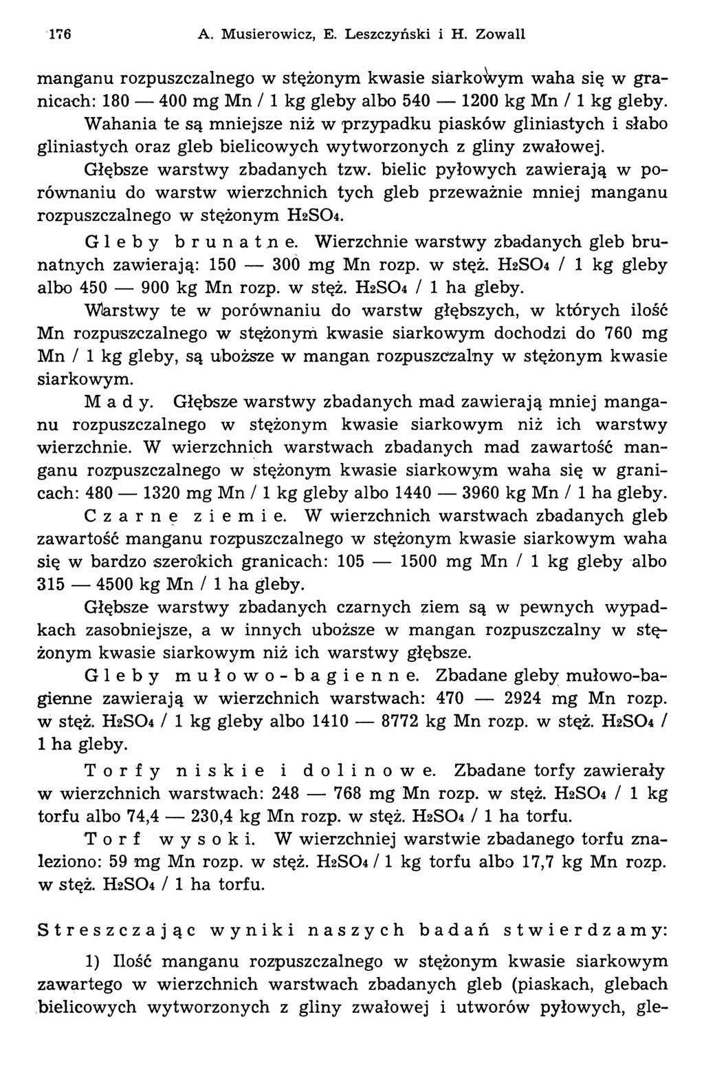 176 A. Musierowicz, E. Leszczyński i H. Zowall manganu rozpuszczalnego w stężonym kwasie siarkowym waha się w granicach: 180 400 mg / 1 kg albo 540 1200 kg / 1 kg.