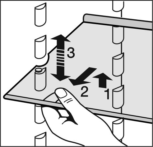 Obsługa w Wentylator jest aktywny. Włącza się on automatycznie, gdy działa sprężarka. u Wyjąć półki zgodnie z ilustracją.