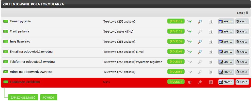 Link - pole tworzące link (500 znaków) Pole liczbowe - pole integer, z możliwością wprowadzania tylko liczb Data - pole data z wyborem dnia za pomocą kalendarza Słownik - pole select, checkbox, radio