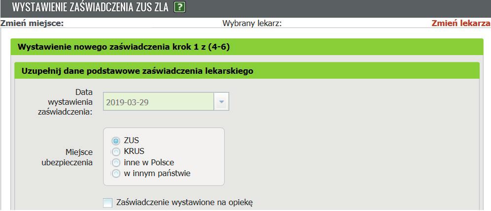 1 Wskaż miejsce ubezpieczenia pacjenta Wybierz spośród następujących instytucji ubezpieczenia: ZUS, KRUS, inne w Polsce, w innym państwie.