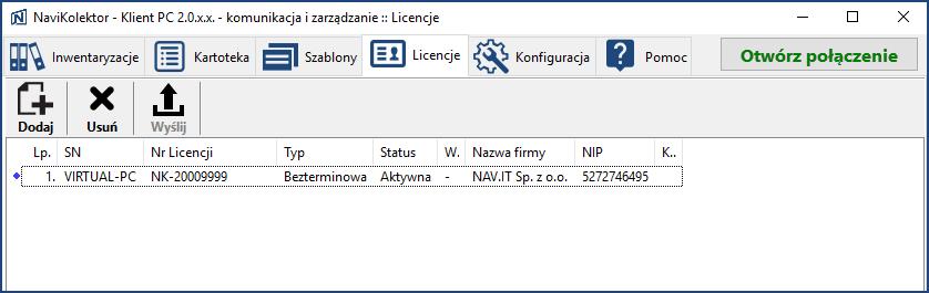 Po wczytaniu licencji wszystkie informację zostaną przeniesione na listę licencji. Opis pól listy licencji NaviKolektor: Lp.