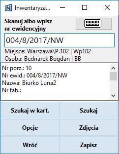 Aby zapisać zeskanowaną pozycję w pliku inwentaryzacyjnym należy kliknąć przycisk Zapisz. Aplikacja przejdzie do okna gotowości skanowania następnego środka.