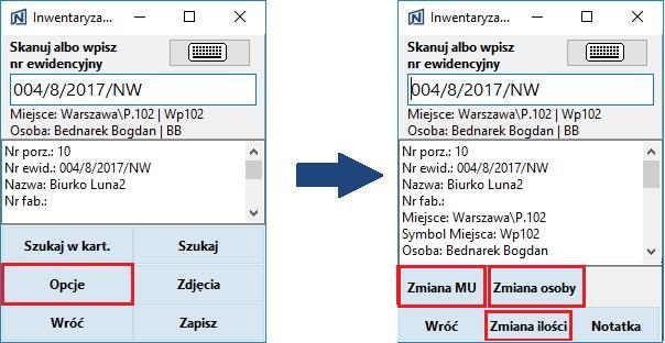 4 Modyfikacja danych inwentaryzacyjnych W trakcie skanowania użytkownik ma możliwość modyfikacji danych inwentaryzacyjnych środka trwałego takich jak: miejsce użytkowania, osoba odpowiedzialna, ilość