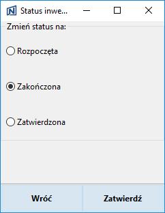 12.7 Zakończenie inwentaryzacji Jeżeli proces inwentaryzacji danego pola spisowego został zakończony należy zmienić status danej inwentaryzacji na Zakończony w celu zabezpieczenia spisu. 12.