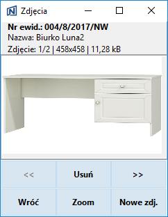 Aby uzyskać możliwość podglądu zdjęć klikamy przycisk Zdjęcia i przeglądamy za pomocą przycisków << i >> Na górze okna wyświetlane są informacje dotyczące środka trwałego (nr ewidencyjny, nazwa,