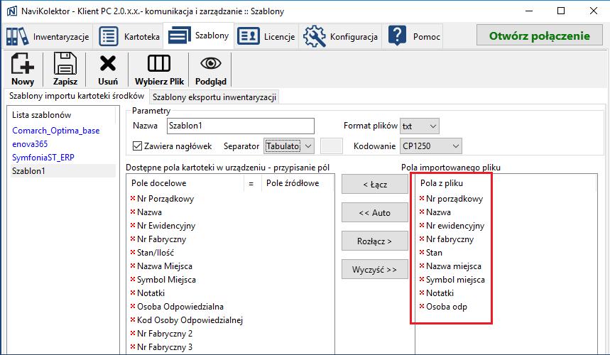 Zaczytane pola należy połączyć z dostępnymi polami kartoteki NaviKolektor. Dzięki takiemu przypisaniu program poprawnie zaimportuje dane w odpowiednie kolumny bazy danych. UWAGA!