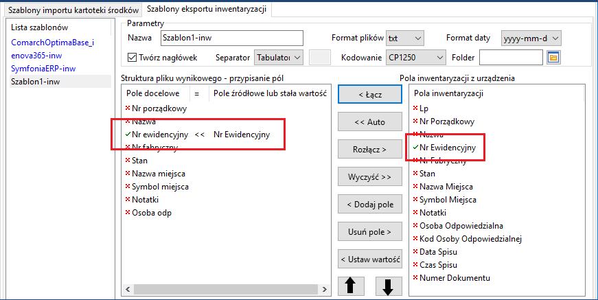 Istnieje możliwość automatycznego przypisania pół przycisk <<Auto. Automatyczne przypisanie zadziała tylko dla tych pól, które mają takie same nazwy.