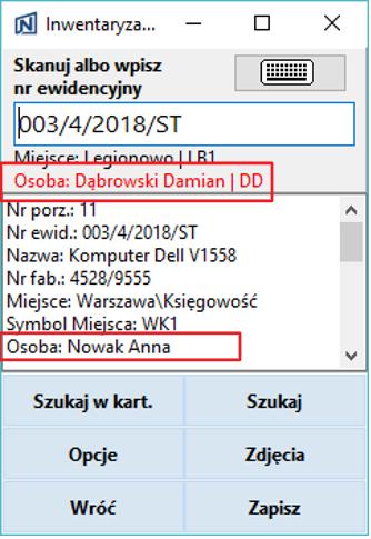 6.2.1 Zakładka Parametry - 1 Tryb pracy z kartoteką każdorazowe zeskanowanie środka trwałego spowoduje przeszukanie kartoteki środków trwałych, przyporządkowanie jego odpowiednika oraz wyświetlenie