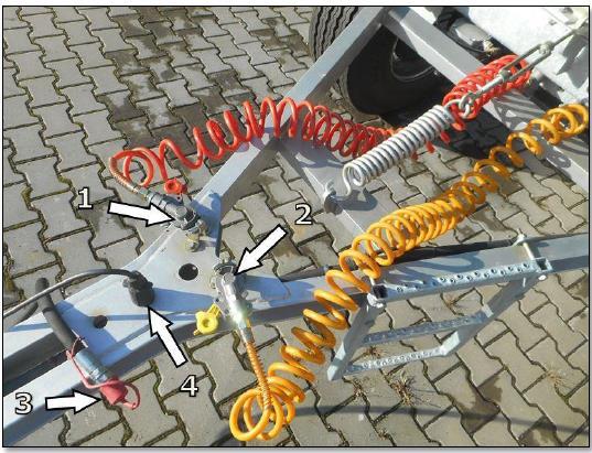 4.3.1 Zapięcie przyczepy Sprawdzić zahamowanie przyczepy hamulcem postojowym. Ciągnik musi mieć sprawny zaczep transportowy oraz instalację pneumatyczną i elektryczną.
