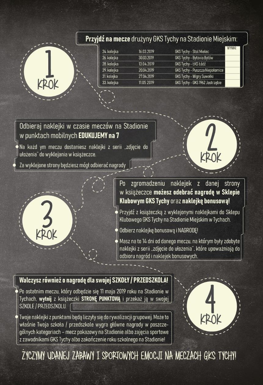 Proste 4 kroki 1. Przyjdź na mecze drużyny GKS Tychy na Stadionie Miejskim. 2. Odbieraj naklejki w czasie meczów na Stadionie w punktach mobilnych EDUKUJEMY na 7 3.