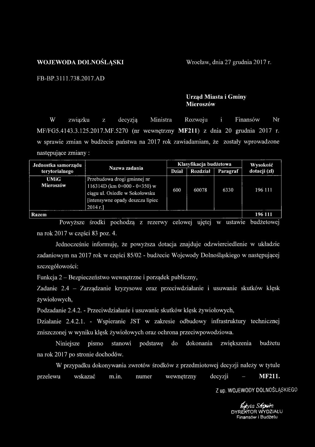 FB-BP.3111.738.2017 A D Urząd Miasta i Gminy Mieroszów UMiG Mieroszów Przebudowa drogi gminnej nr 116314D (km 0+000-0+350) w ciągu ul.
