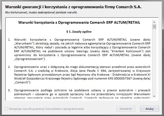 Rys. 52 Umowa licencyjna 5.1.1 Konfiguracja konwersji cech W przypadku aktualizacji systemu wykonywana jest konwersja baz danych firmowej i konfiguracyjnej.