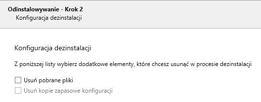76 Odinstalowanie Krok 2: Konfiguracja deinstalacji Uwaga: Podczas deinstalacji Comarch Retail POS zostanie wykonana kopia bazy danych aplikacji i w zależności od wybranego wariantu instalacji