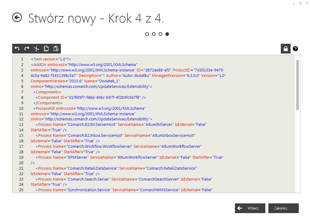 Rys. 108 Czwarty krok tworzenia dodatku Na liście dodatków wyświetlane są wszystkie lub tylko najnowsze (jest to zależne od opcji wybranej na zakładc e Konfiguracja) stworzone przez użytkownika