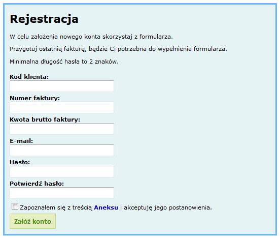 Powyższa funkcjonalność jest dostępna w zależności od konfiguracji systemu. Dane wymagane do poprawnej rejestracji klienta mogą być indywidualnie dostosowane do potrzeb przedsiębiorstwa.