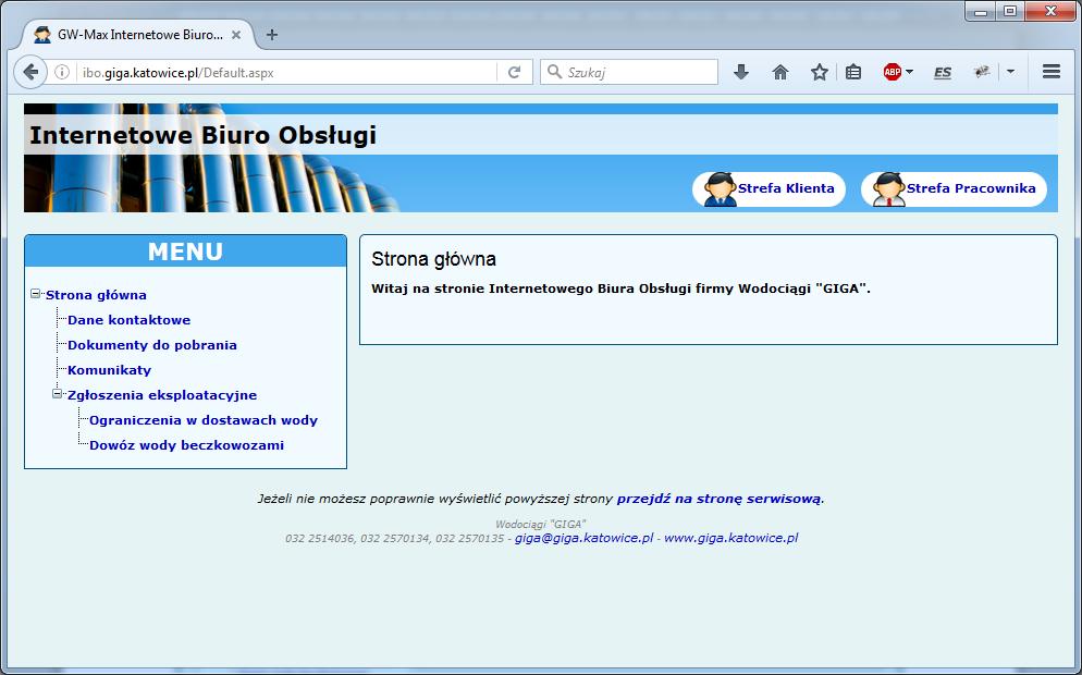 Rys. 1 Strona główna Strefa publiczna składa się z kilku elementów: Nagłówka wraz odnośnikami do strefy klienta i strefy pracownika Menu z odnośnikami do