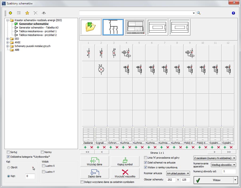 Electrical kreator schematów rozdziału energii Kreator schematów pozwala na wybieranie produktów dostępnych w bibliotece aparatury modułowej i umieszczanie ich w określonych pozycjach