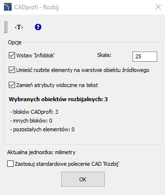 W nowej wersji wprowadzono także możliwość inteligentnego uruchamiania polecenia Rozbij przy wybraniu zwykłego polecenia Rozbij programu CAD.
