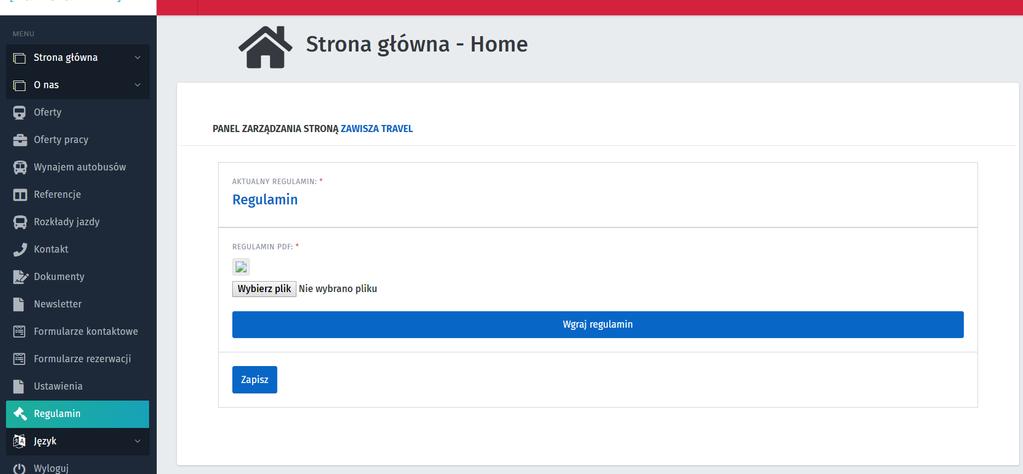 Aby wgrać nowy regulamin należy wgrać nowy plik pdf a