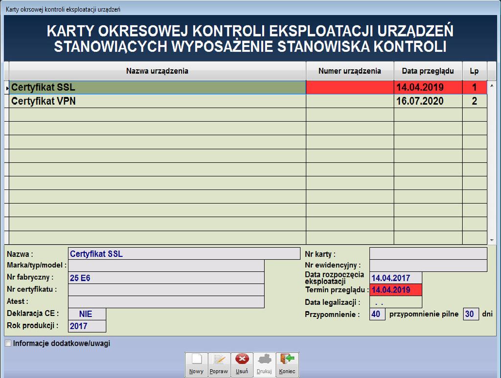 przypomnienia. Aby to wykonać należy z głównego menu programu wybrać funkcję Administracja i dalej Eksploatacja urządzeń. Na ekranie pojawi się okno jak na Rys.