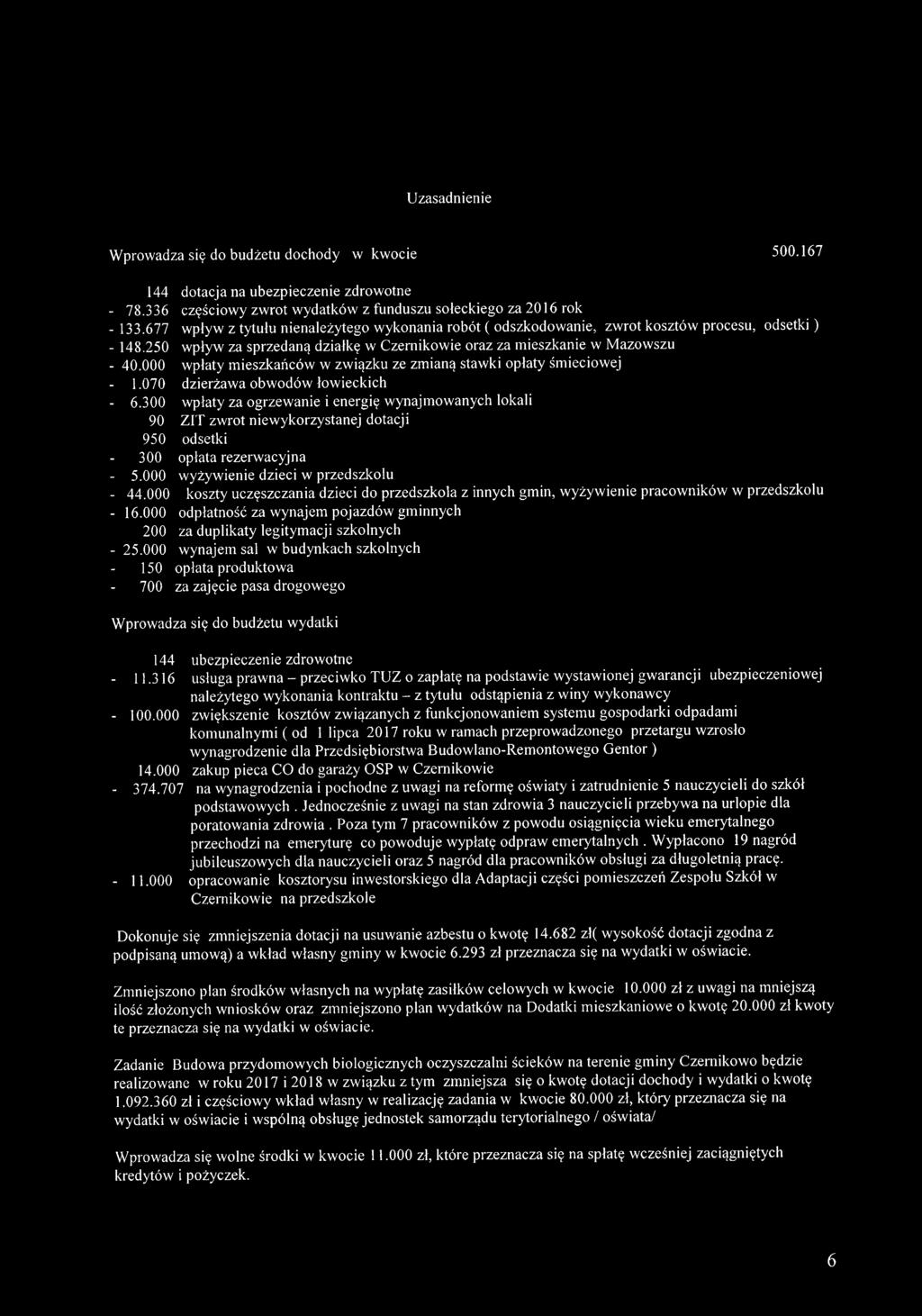 za sprzedaną działkę w Czernikowie oraz za mieszkanie w Mazowszu wpłaty mieszkańców w związku ze zmianą stawki opłaty śmieciowej - 1.070 dzierżawa obwodów łowieckich - 6.