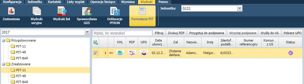 Jak przygotować deklarację PIT 4R lub PIT 8AR? Aby przygotować deklarację PIT 4R/ PIT 8AR należy: W menu wybrać Wydruki/ Formularze PIT. Na wstążce wskazać jednostkę.