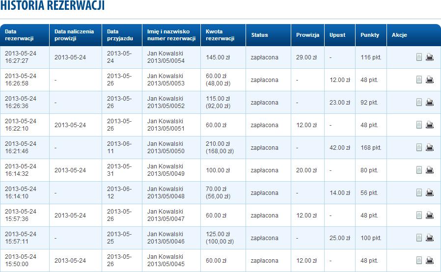 MOJE REZERWACJE W tym miejscu możesz zobaczyć wszystkie rezerwacje dokonane przez Ciebie lub z Twojego polecenia. Status oczekuje oznacza, że rezerwacja nie została jeszcze opłacona.