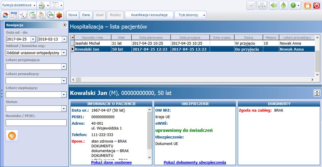 Utworzenie hospitalizacji Zielony - hospitalizacje komercyjne/prywatne. Hospitalizacje mogą posiadać następujące statusy: Planowana do przyjęcia pozycja po dokonaniu rezerwacji terminu w Terminarzu.