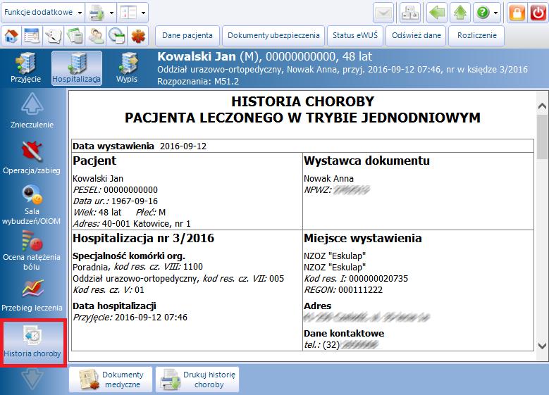 5.15 Historia choroby Na formatce Historia choroby prezentowane są dane z całego przebiegu hospitalizacji pacjenta.