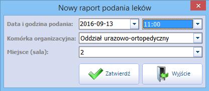 W górnym oknie formatki wyświetlane są raporty, jakie zostały już utworzone przez użytkownika wraz z podaniem szczegółowych informacji. W dolnym oknie Pacjenci na raporcie nr.