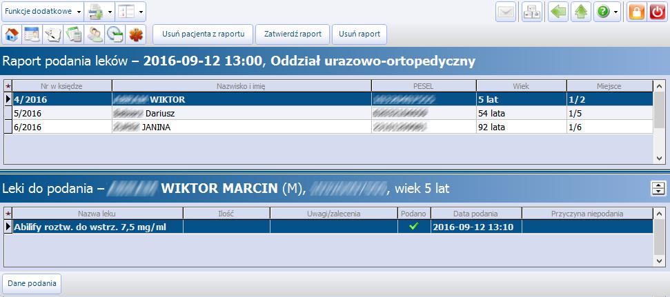 Tryb zbiorczy w hospitalizacji 1-go dnia Aby zaewidencjonować w systemie mmedica podanie leku pacjentowi należy zaznaczyć go na liście, a następnie wybrać przycisk Dane podania.
