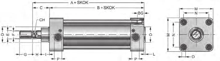 XPN z dwustronnym tłoczyskiem Temperatura medium: 0 C do +40 C Amortyzacja: pneumatyczna Tłoczysko: pręt walcowany ze stali kwasoodpornej AISI 303 Profil: anodowane aluminium Standard: ISO 15552