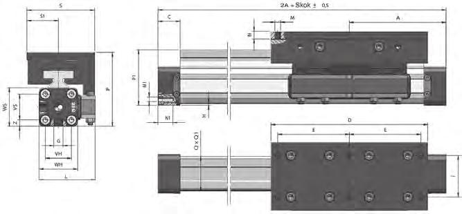 SLNG - z prowadzeniem ślizgowym Temperatura otoczenia: Zakres średnic: Skoki robocze: -10 C do +80 C (dla Vitonu +100 C) ø16 do ø40 ø16mm - do 4300 mm, ø25-40mm do 5700 mm 2A + SKOK _