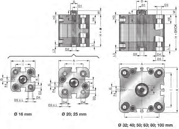 Siłowniki kompaktowe NSK (ISO 21287/UNITOP) Ciśnienie pracy: 2-10 bar Medium: przefiltrowane sprężone powietrze Smarowanie: niewymagane Temperatura medium: 0 ºC do +40 ºC Temperatura otoczenia: -20