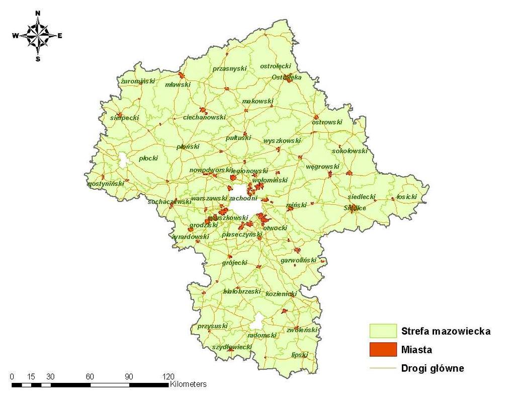 węgrowski, wołomiński, wyszkowski, zwoleński, żuromiński, żyrardowski) oraz 2 powiaty grodzkie (Ostrołęka i Siedlce).