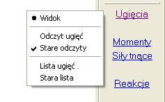 Wyniki 47. Przycisk Ugięcia Przycisk Ugięcia pozwala pokazać przemieszczenia modelu. W wersji Mini i przy wyłączonym przycisku [M] będą tylko trzy opcje: Widok, Odczyt ugięć i Lista ugięć.