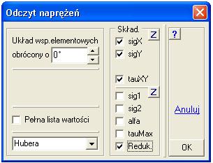 Wyniki Wybierając opcje Składowe sred otrzyma się planszę, w której moŝna wybrać hipotezę wytęŝeniową. Hipotezy podzielono na dwie kategorie: Symetryczne i Niesymetryczne.